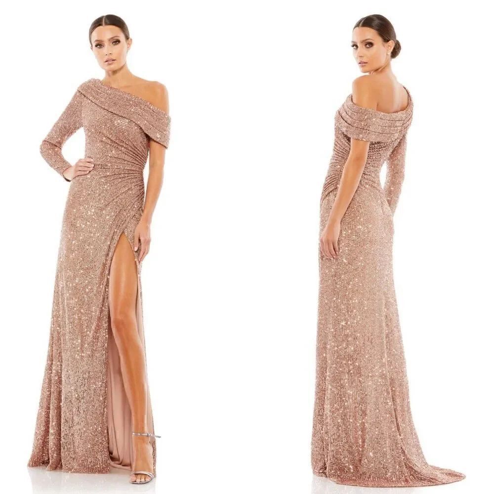Mac Duggal NWT 26571 SEQUINED DROP SHOULDER FAUX WRAP GOWN in Copper Size 6
